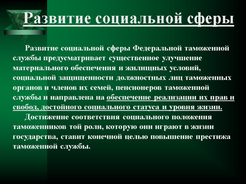 Развитие социальной сферы Развитие социальной сферы Федеральной таможенной службы предусматривает существенное улучшение материального обеспечения